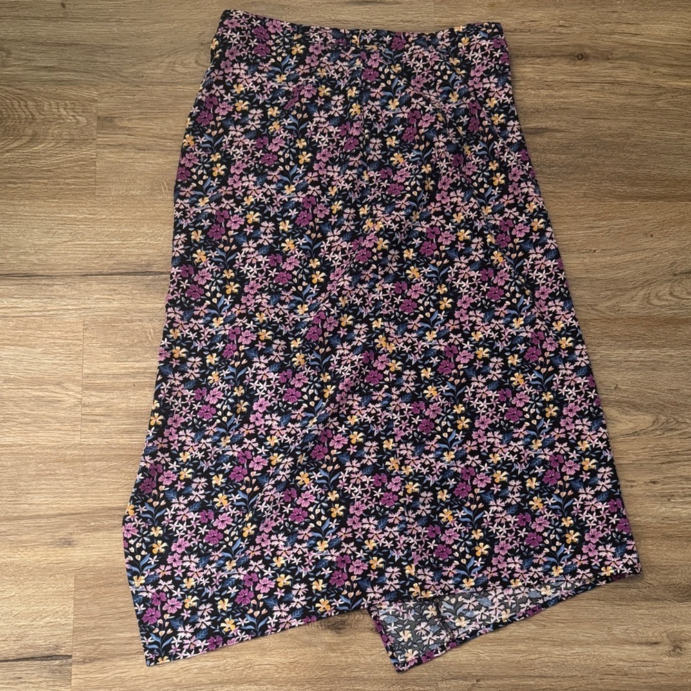 Navy Floral Midi Skirt with Pink & Yellow Bloom